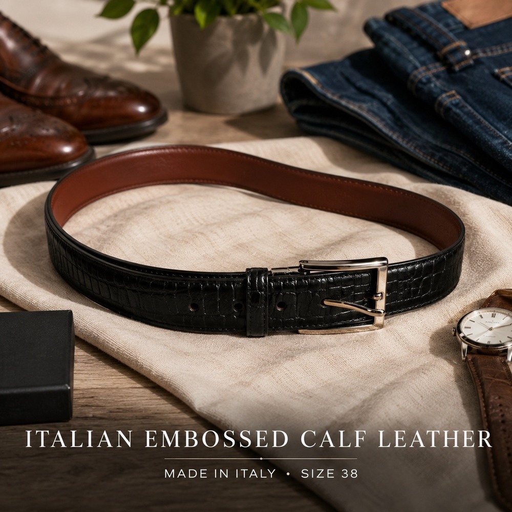 Italian Embossed Calf Leather Belt Black Croc Embossed Made in Italy Size 38